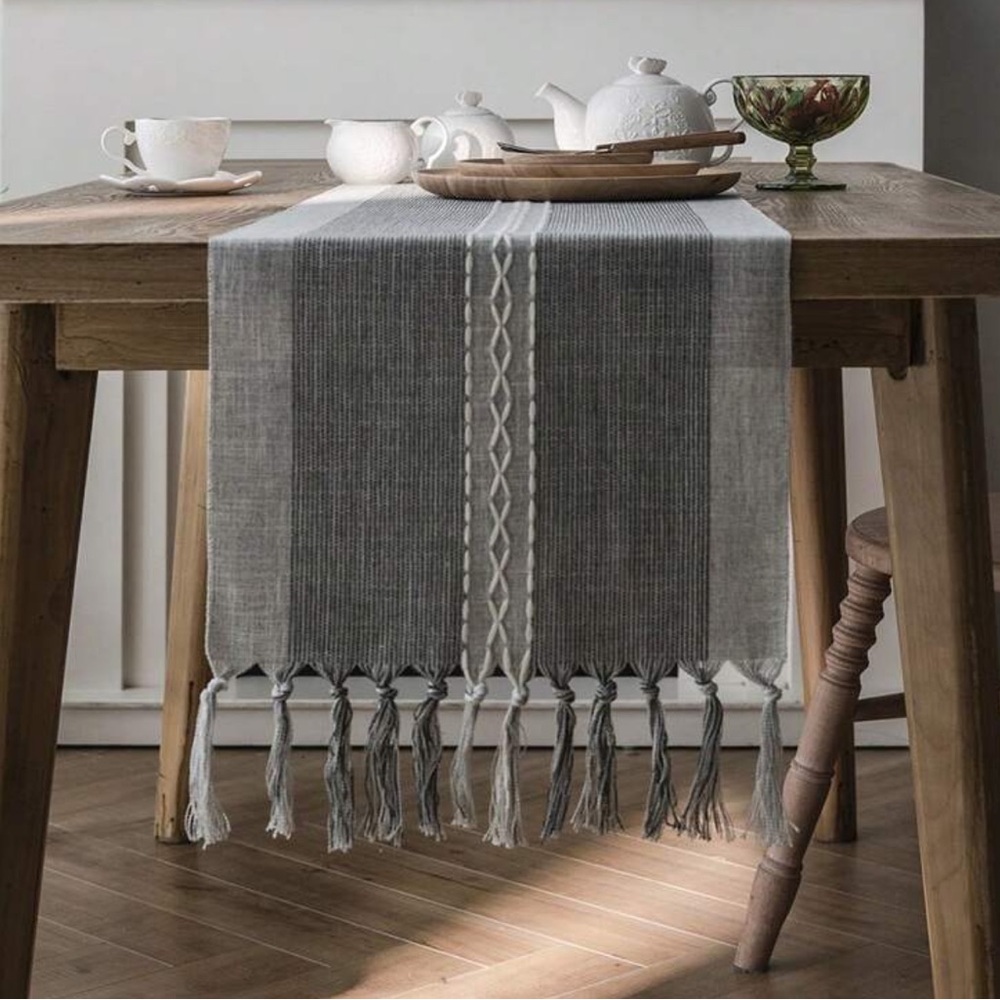 Gray and White Woven Table Runner with Tassels
